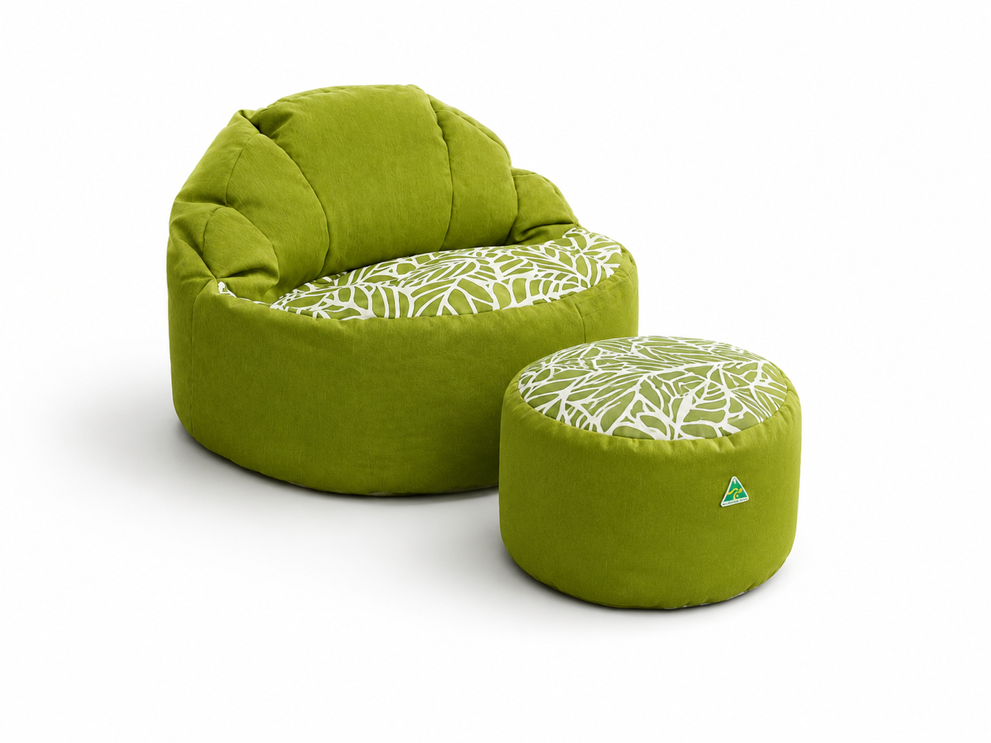 Green bean bag chair with ottoman on a white background