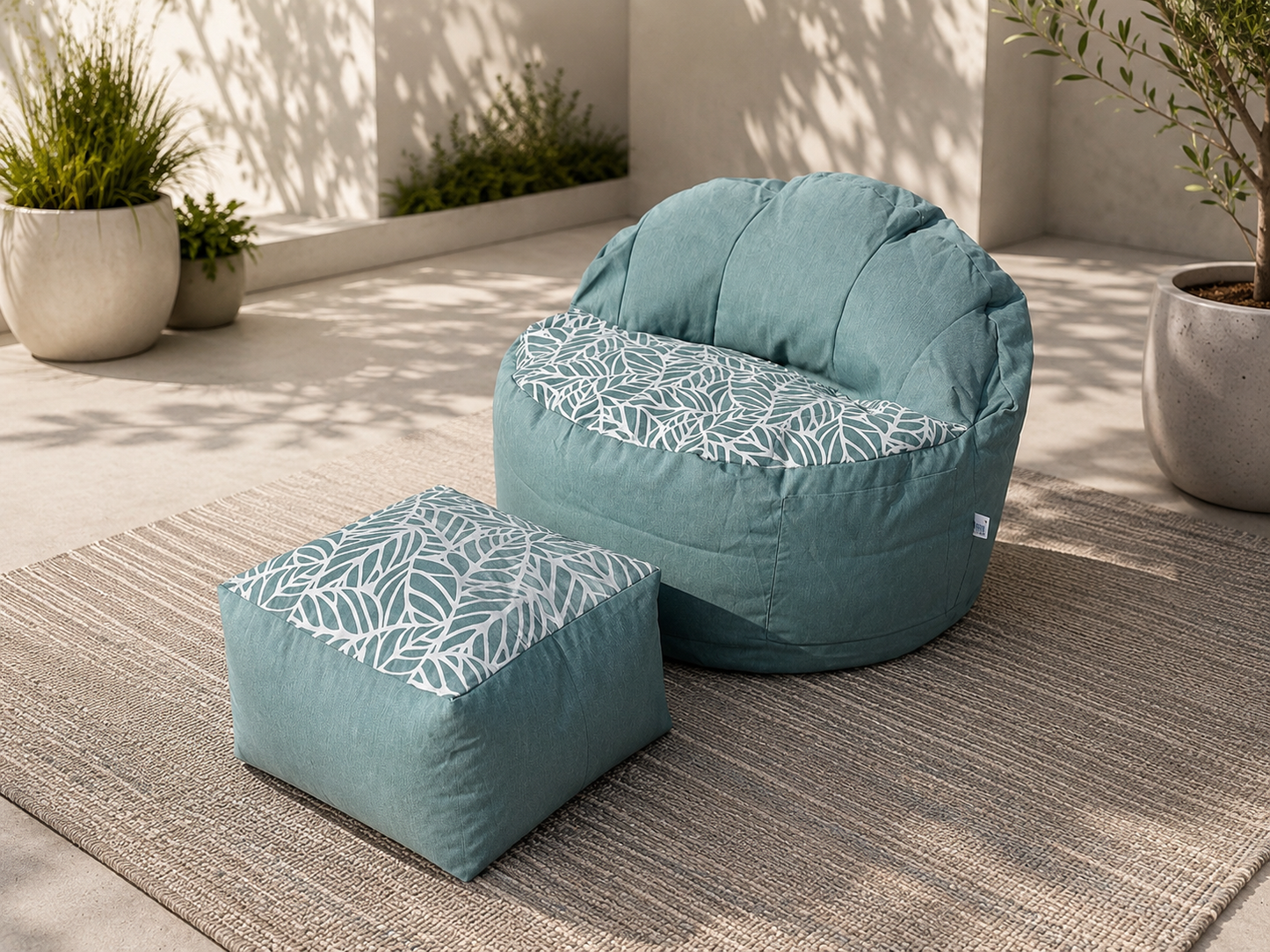 teal-bean-bag-ottoman-leaf-pattern-patio.jpg