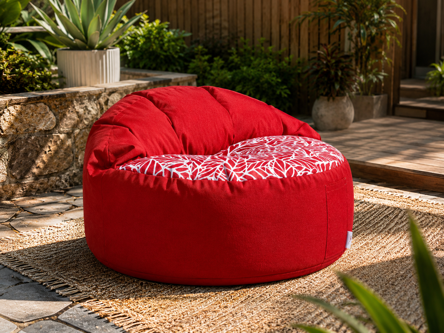 red-bean-bag-chair-patterned-cushion-patio-plants.jpg