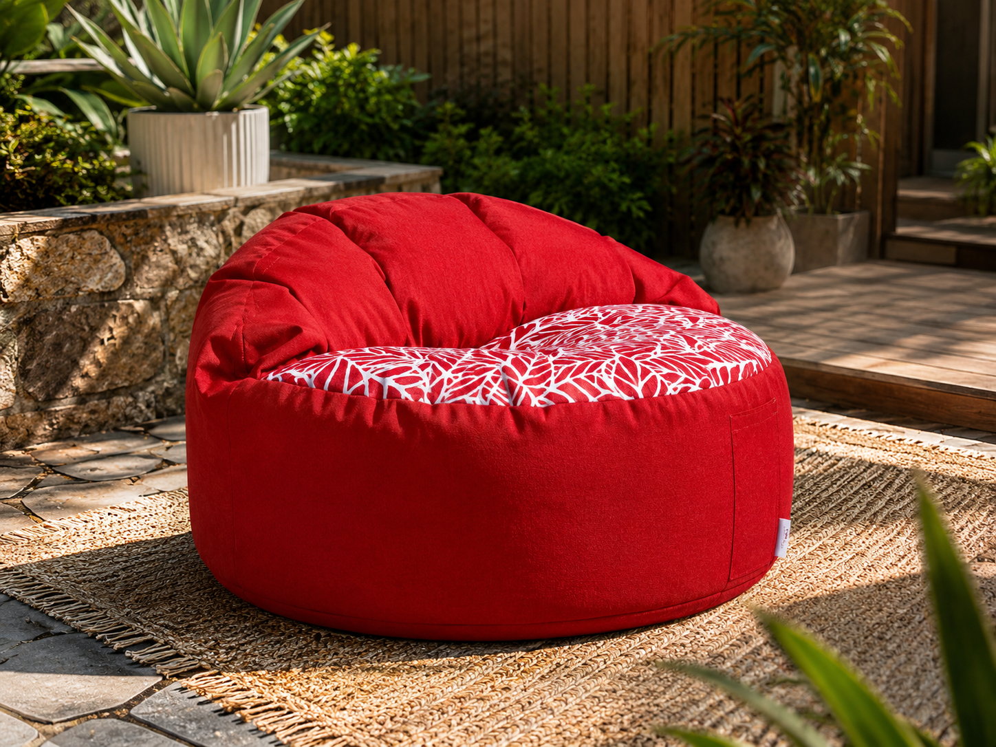 red-bean-bag-chair-patterned-cushion-patio-plants.jpg