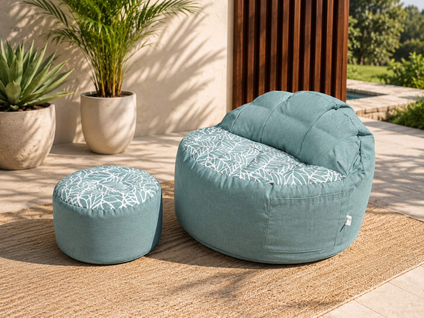 teal-bean-bag-chair-ottoman-leaf-pattern-patio.jpg