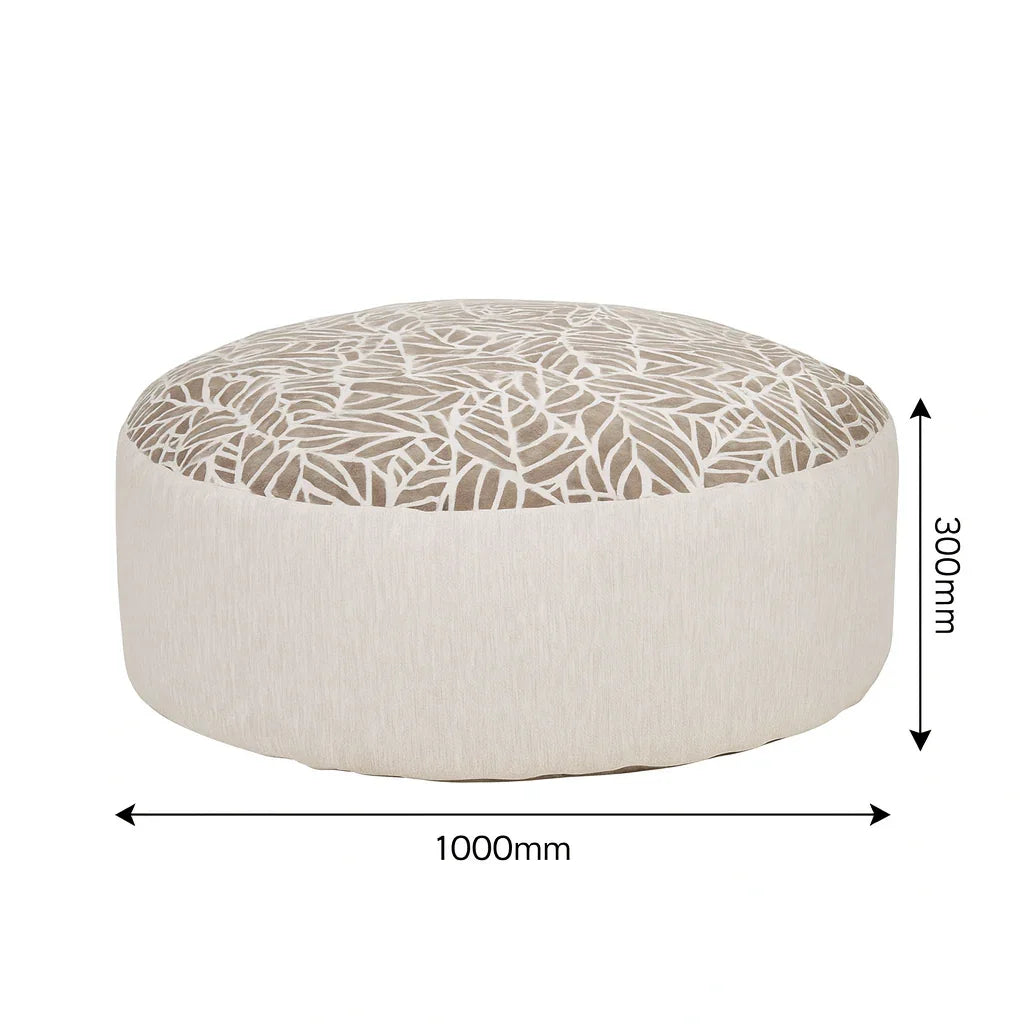 Beige ottoman with leaf pattern and dimensions on a white background