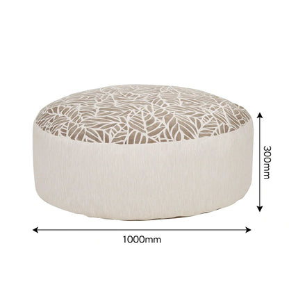 Beige ottoman with leaf pattern and dimensions on a white background