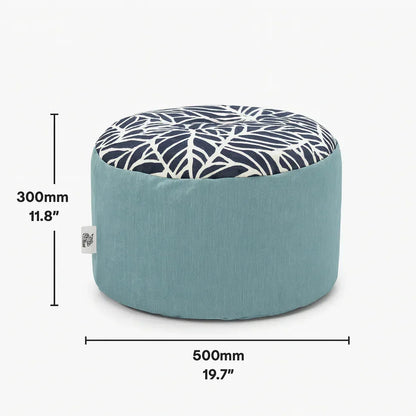 Teal ottoman with leaf patterned top, dimensions displayed