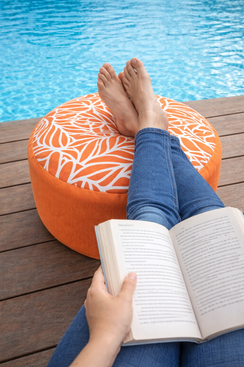 Small Round Ottoman in Coral Reef Orange Colour
