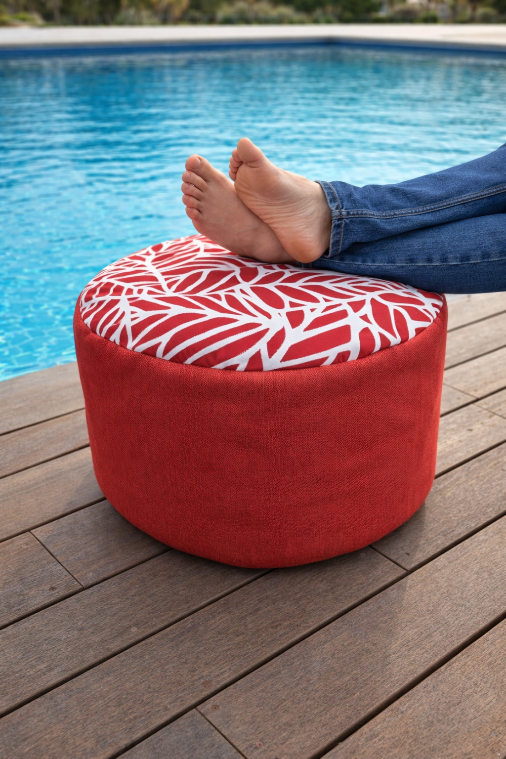 Small Round Ottoman in Coral Reef Red Colour