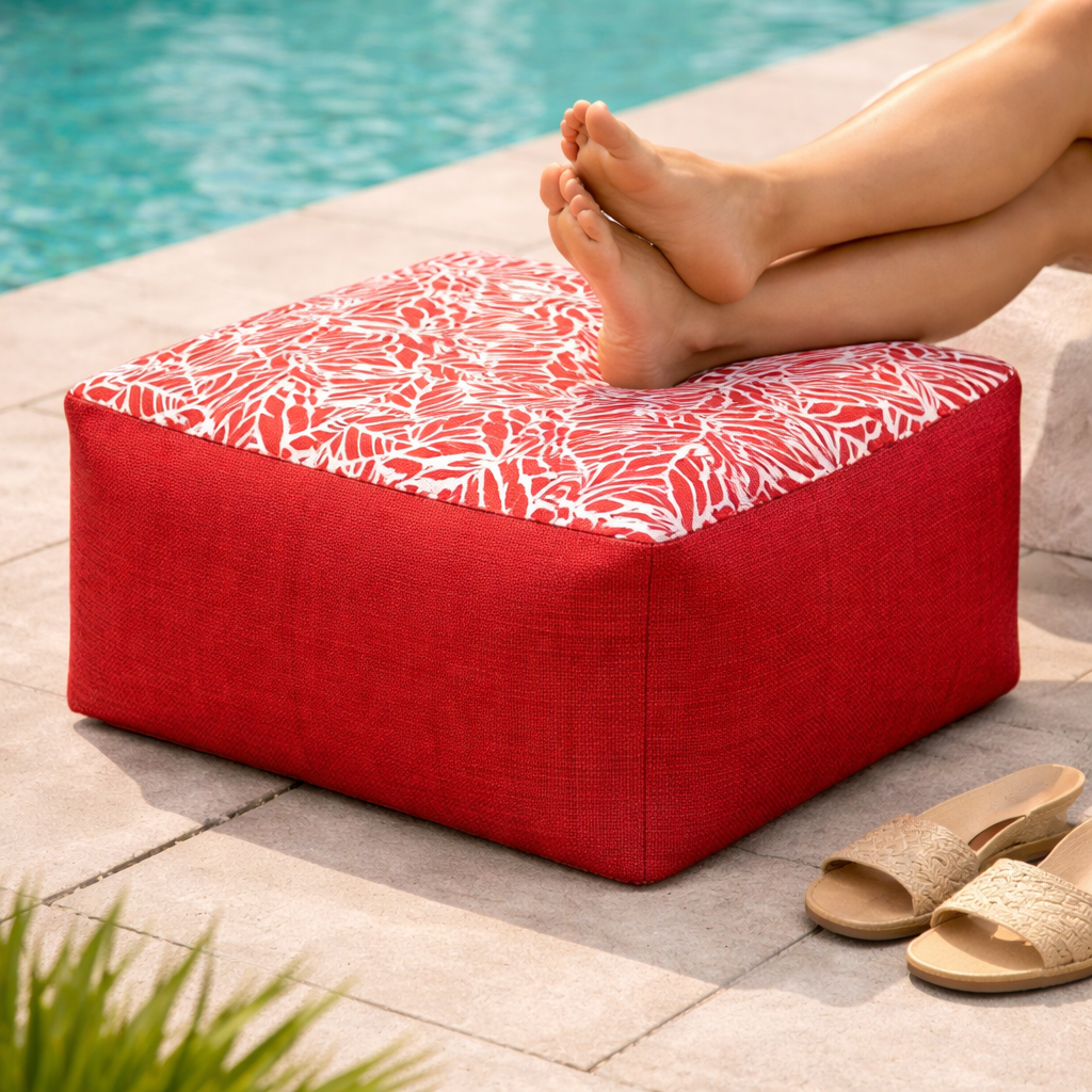 Small Square Ottoman in Coral Reef Red Color