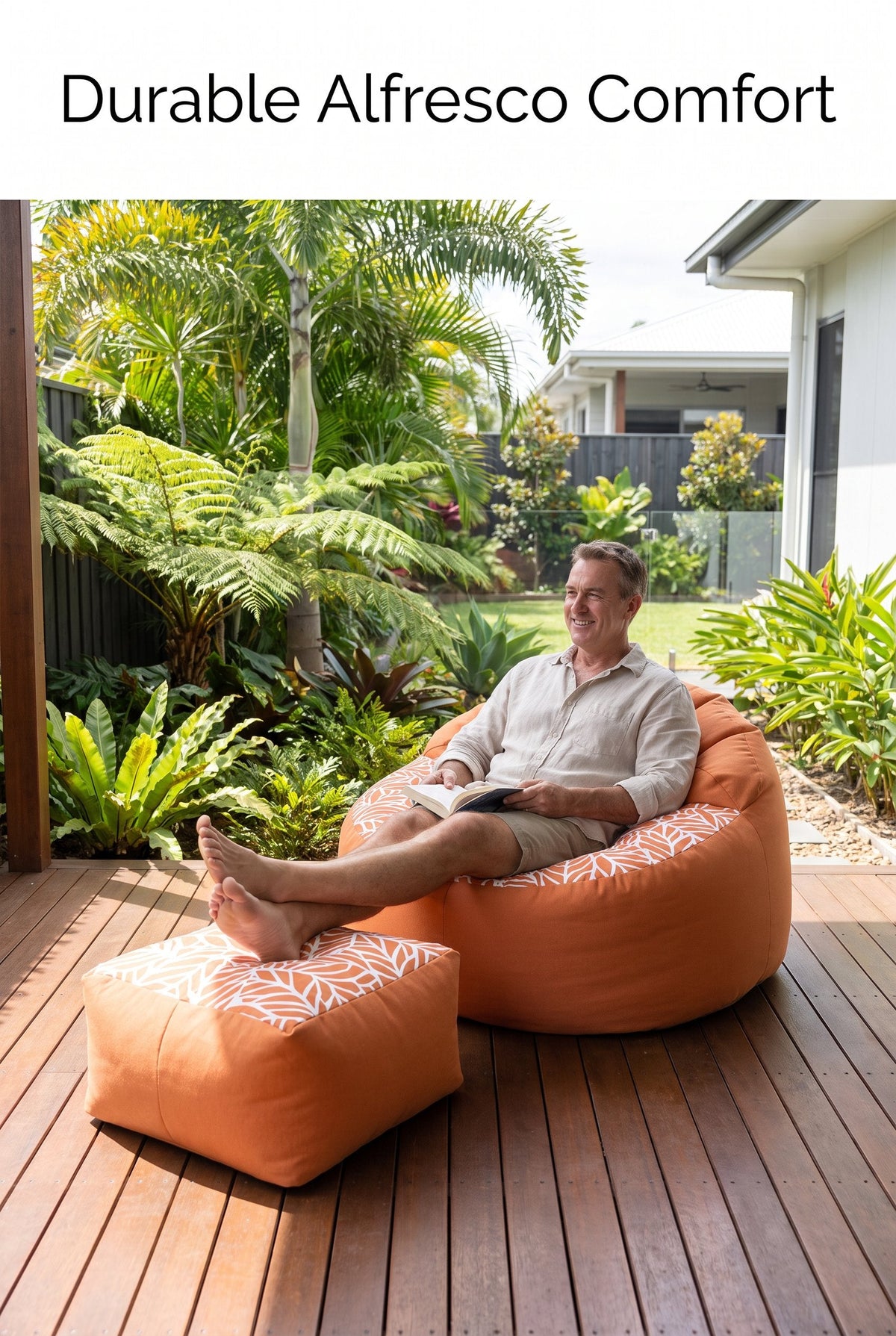 Lazy Beanz Coral Reef Orange adult outdoor bean bag and square ottoman in an alfresco garden setting