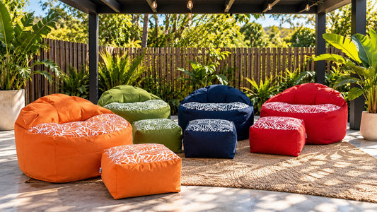 Lazy Beanz Australian-made outdoor bean bags in four vibrant colours with matching small square ottomans
