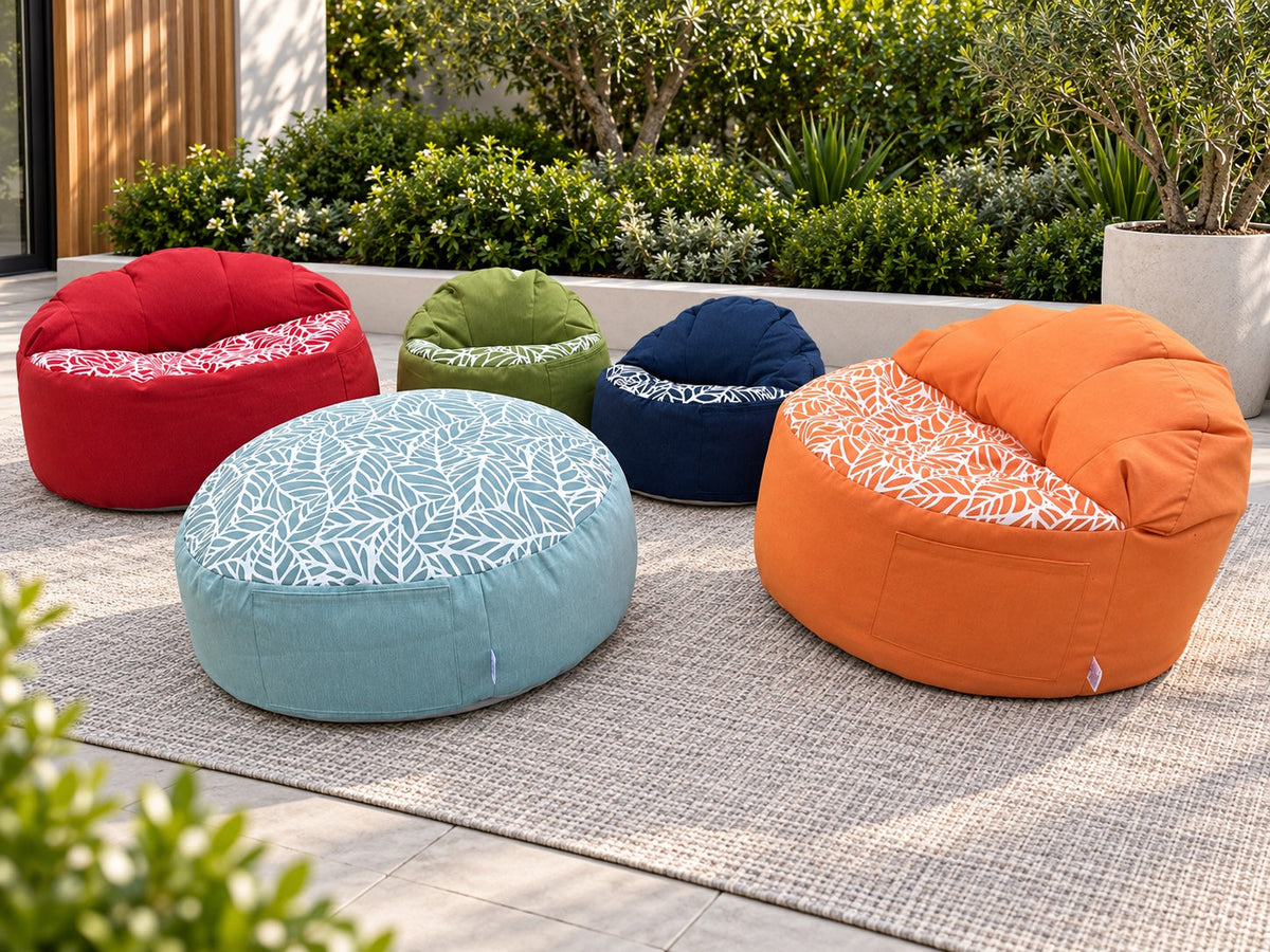Lazy Beanz family of outdoor bean bags and ottomans in all five signature colours