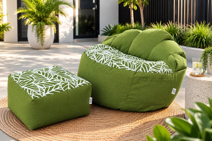 Lazy Beanz Island Palm Green adult bean bag and square ottoman set