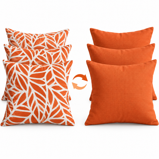 Three 40 x 40 cm Tulum Melon patterned orange reversible cushions and their plain Lomani Callipo reverse, on white with central flip sign