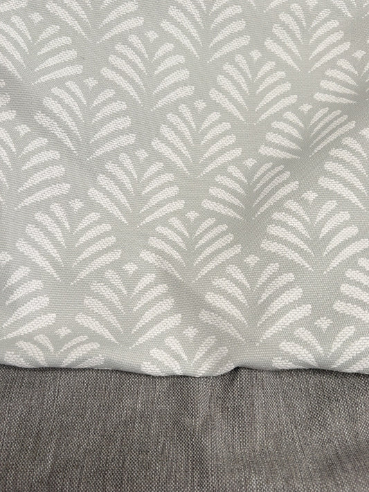 Fabric close-up of Lomani Pumice and Sosa Silver used for one-off large round ottoman