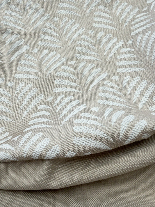 Fabric close-up for one-off small round ottoman, Lomani Shell and Sosa Natural