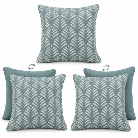 Three real one-off Sosa Ocean scatter cushion designs shown front and reverse: two with plain Lomani Ocean backs, one patterned on both sides, with simple arrows on white background