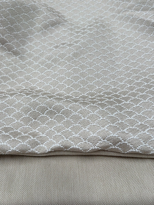 Fabric close-up for one-off small square ottoman, Lomani Shell and Palo Natural