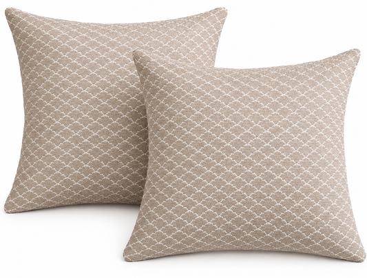 Two Palo Natural square scatter cushions displayed as filled on white background; sample presentation of the two covers