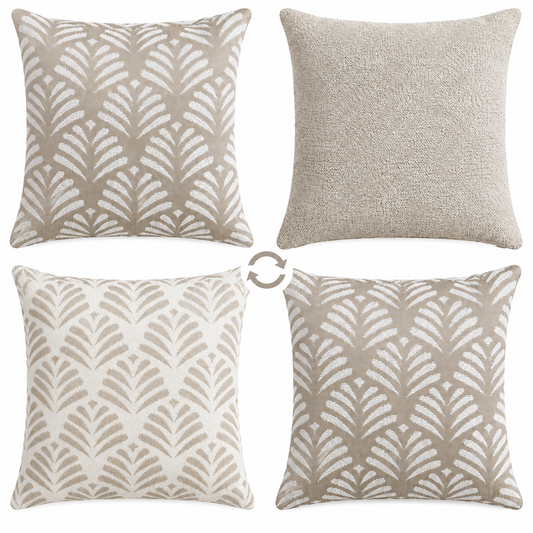 Two reversible Sosa Natural and Maldives Sand scatter cushions shown front and reverse, with flip symbol