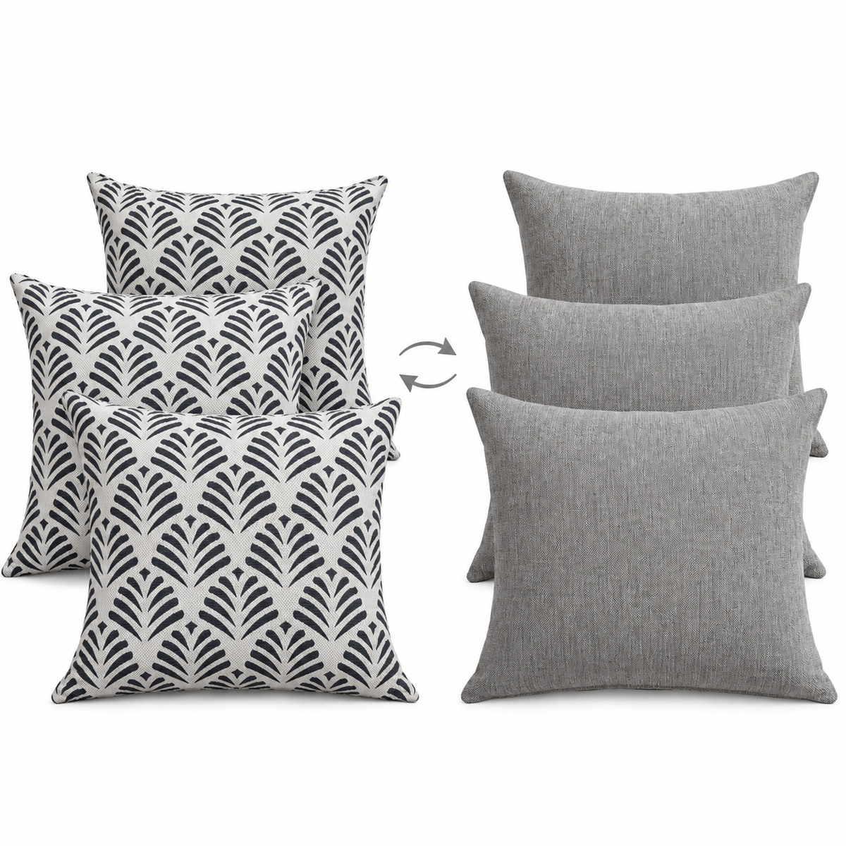 Three 45x45 cm reversible cushions shown Sosa Navy patterned front to Lomani Pumice grey back with flip symbol on white background