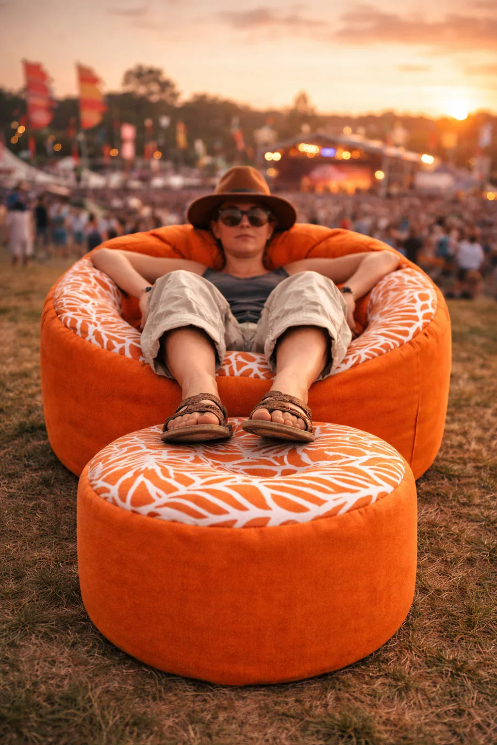 small round ottoman footstool​ in orange colour